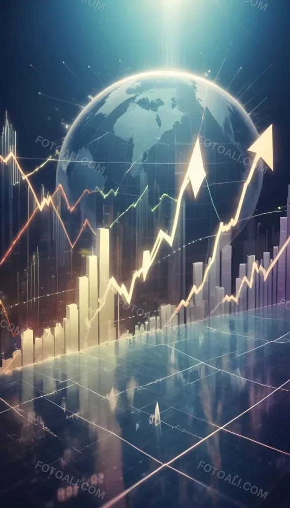 A Digital Illustration Depicting A Global Financial Market With A World Map Stock Charts And Financial Symbols Like Dollar Signs The Image Shows A Rising Trend Line And Upward Arrow Suggesting Growth And Economic Prog 7 37df