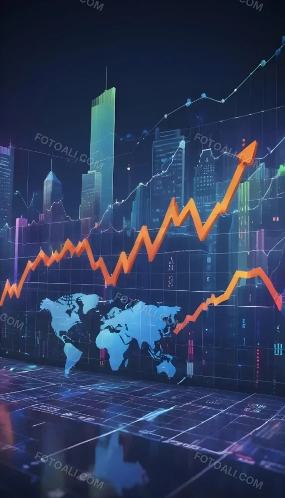 A Digital Illustration Depicting A Global Financial Market With A World Map Stock Charts And Financial Symbols Like Dollar Signs The Image Shows A Rising Trend Line And Upward Arrow Suggesting Growth And Economic Prog 8 09a8