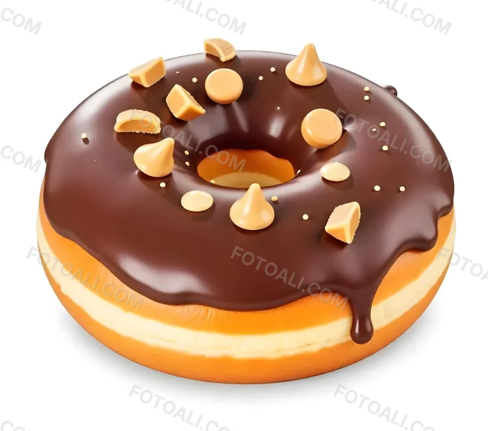 A Donut With Chocolate Frosting Peanut Butter Chips And Toffee Bits On A White Background 11 0ac9