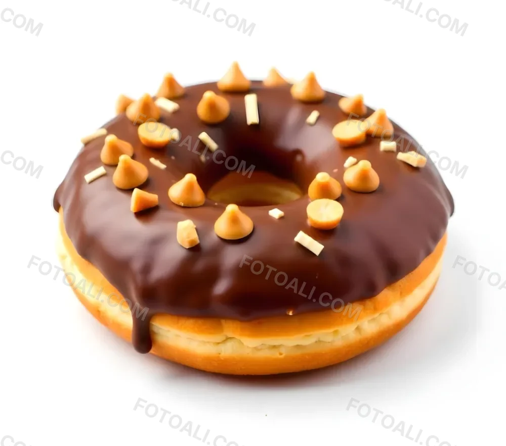 A Donut With Chocolate Frosting Peanut Butter Chips And Toffee Bits On A White Background 12 E1f8