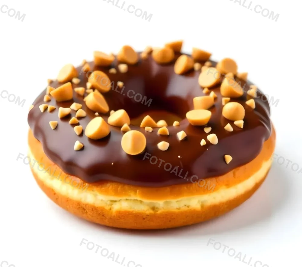 A Donut With Chocolate Frosting Peanut Butter Chips And Toffee Bits On A White Background 18 5884