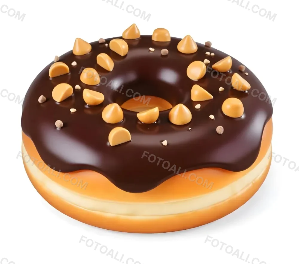 A Donut With Chocolate Frosting Peanut Butter Chips And Toffee Bits On A White Background 21 Dda8