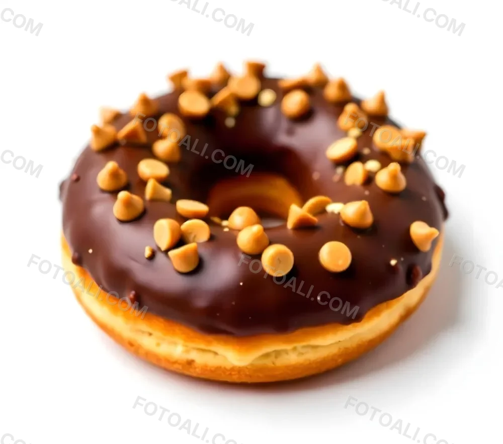 A Donut With Chocolate Frosting Peanut Butter Chips And Toffee Bits On A White Background 24 9192