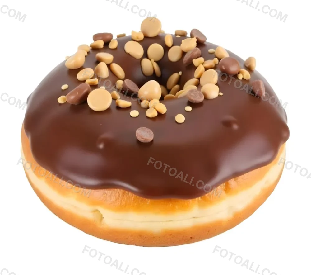 A Donut With Chocolate Frosting Peanut Butter Chips And Toffee Bits On A White Background 3 272f