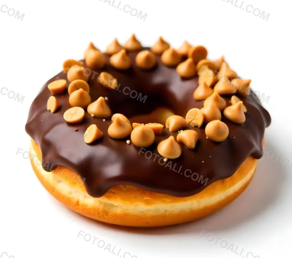 A Donut With Chocolate Frosting Peanut Butter Chips And Toffee Bits On A White Background 4 1bf7