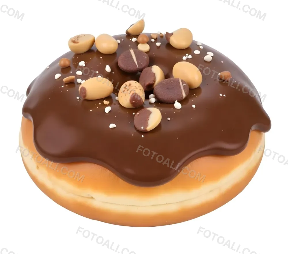 A Donut With Chocolate Frosting Peanut Butter Chips And Toffee Bits On A White Background 5 2f8f