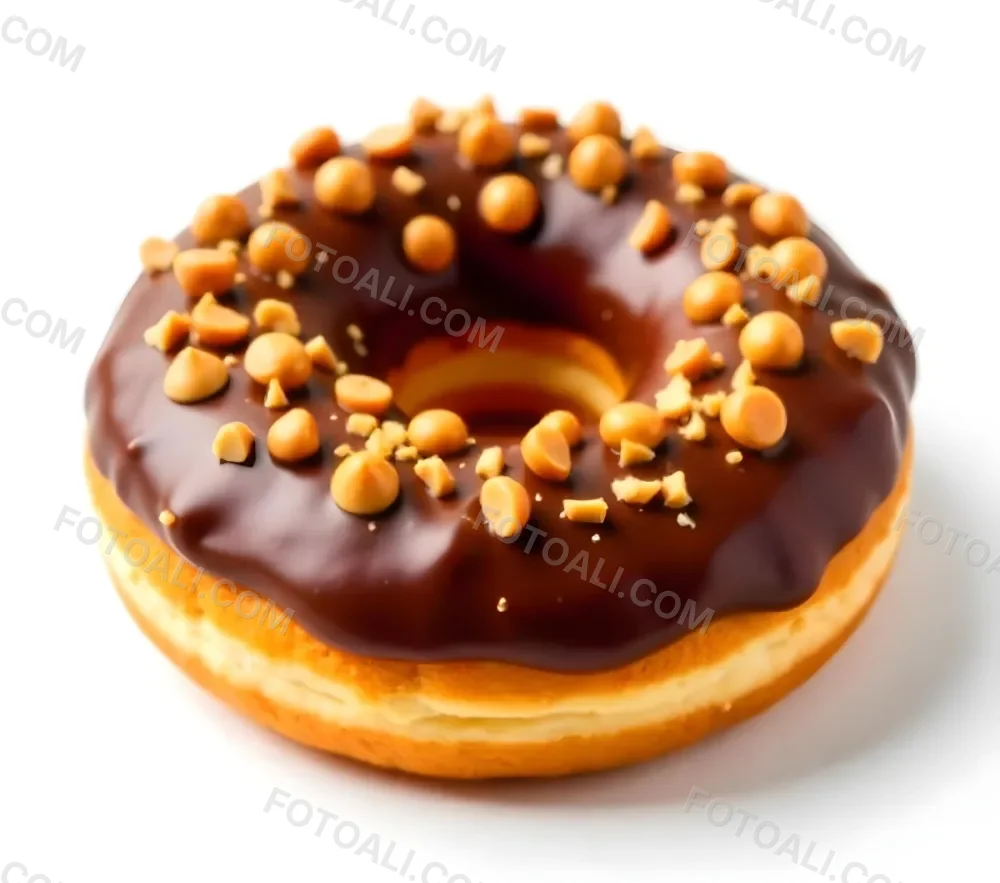 A Donut With Chocolate Frosting Peanut Butter Chips And Toffee Bits On A White Background 6 E2bb