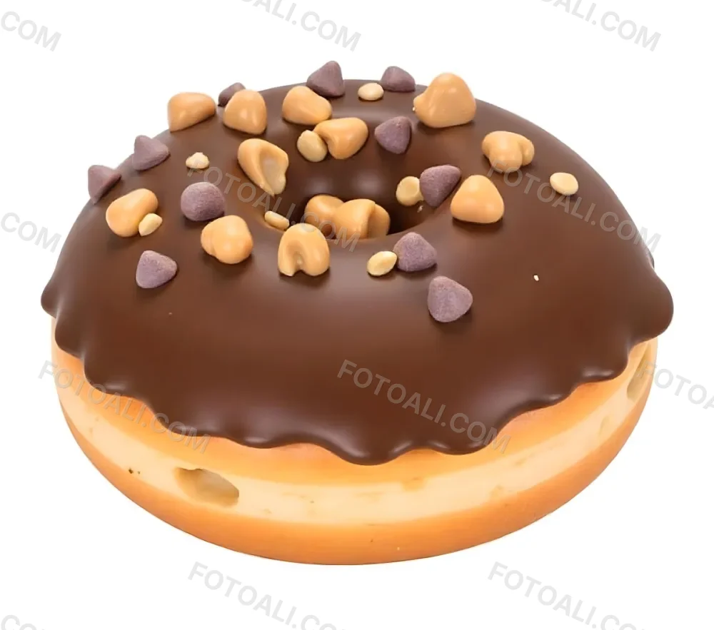 A Donut With Chocolate Frosting Peanut Butter Chips And Toffee Bits On A White Background 7 A6c2