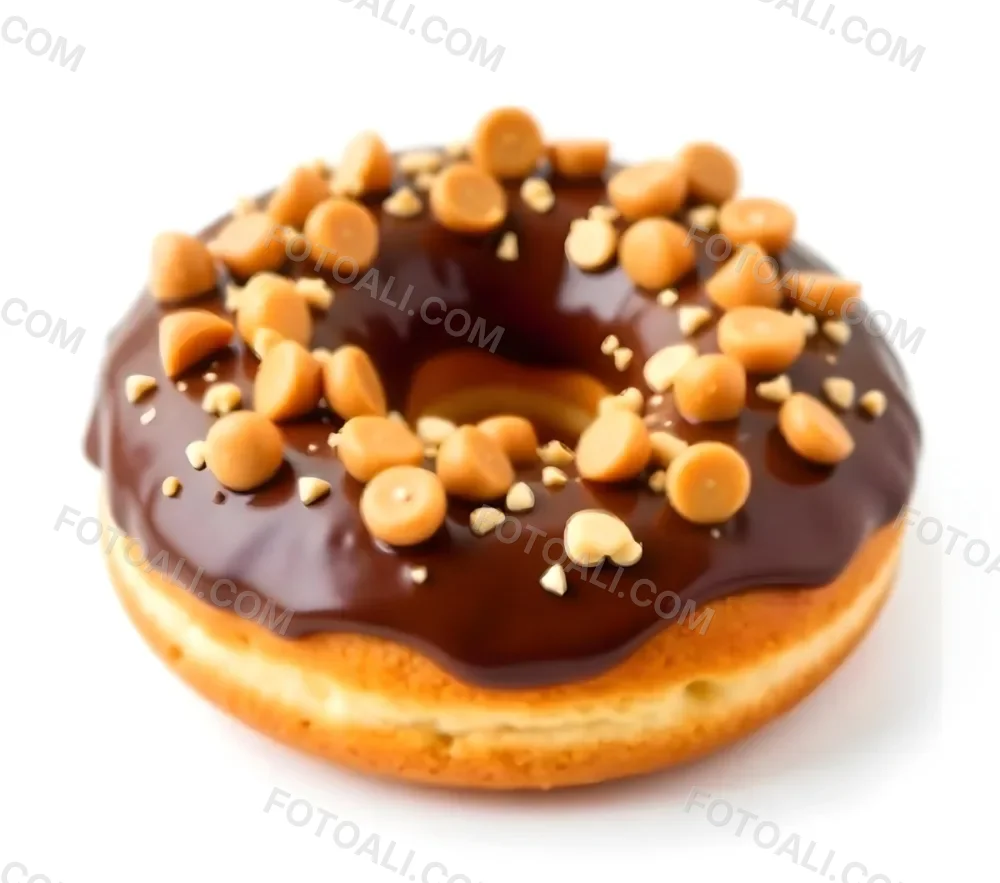 A Donut With Chocolate Frosting Peanut Butter Chips And Toffee Bits On A White Background 8 C2ff