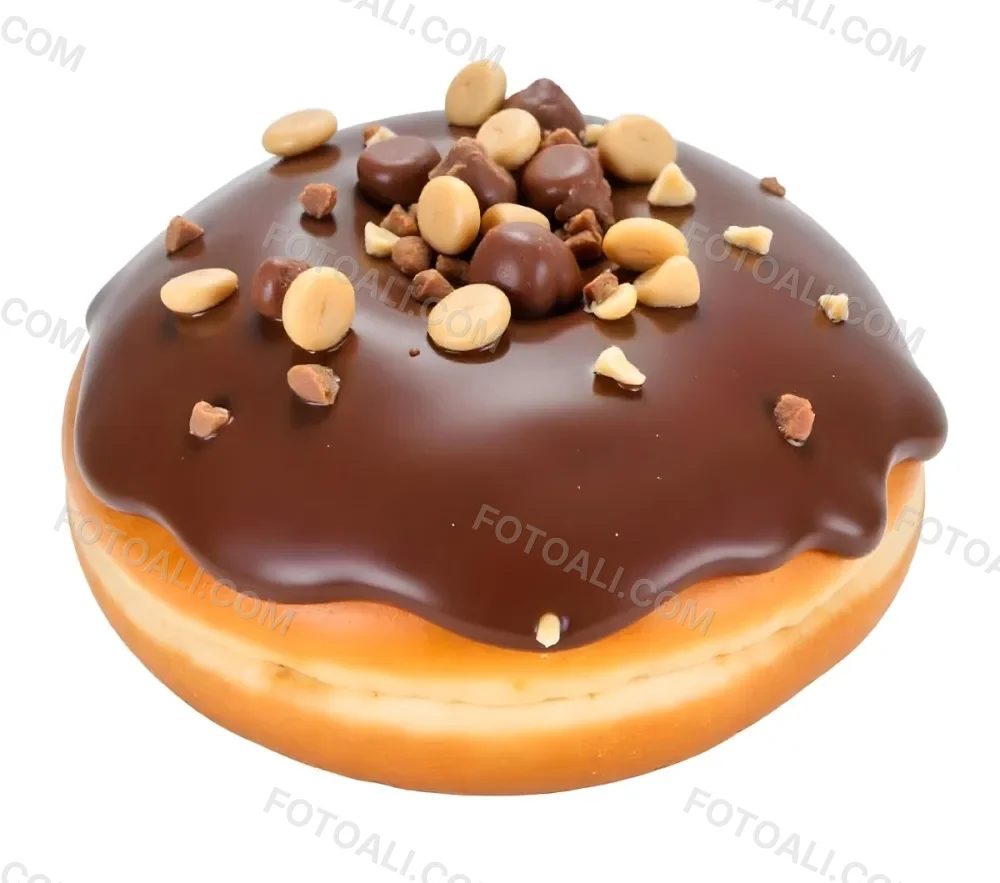 A Donut With Chocolate Frosting Peanut Butter Chips And Toffee Bits On A White Background 9 7609