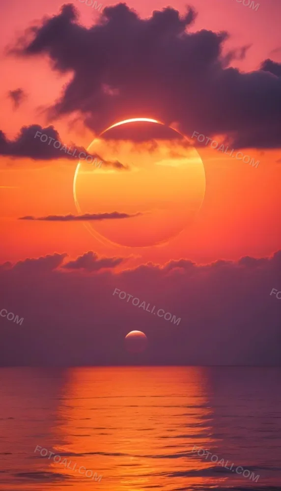 A Dramatic Sunset Over The Ocean With A Large Sun Partially Obscured By Clouds And A Smaller Sun Or Moon Reflection In The Water Below Featuring A Vibrant Orange Sky And Stormy Waves In The Foreground 1 9622