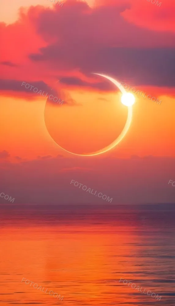 A Dramatic Sunset Over The Ocean With A Large Sun Partially Obscured By Clouds And A Smaller Sun Or Moon Reflection In The Water Below Featuring A Vibrant Orange Sky And Stormy Waves In The Foreground 10 09be