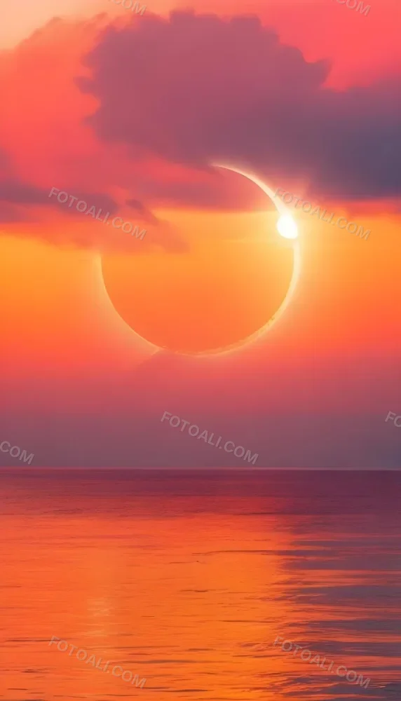 A Dramatic Sunset Over The Ocean With A Large Sun Partially Obscured By Clouds And A Smaller Sun Or Moon Reflection In The Water Below Featuring A Vibrant Orange Sky And Stormy Waves In The Foreground 12 0b37