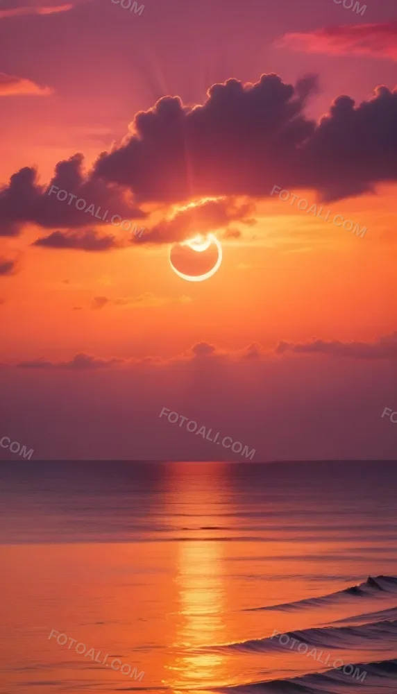 A Dramatic Sunset Over The Ocean With A Large Sun Partially Obscured By Clouds And A Smaller Sun Or Moon Reflection In The Water Below Featuring A Vibrant Orange Sky And Stormy Waves In The Foreground 3 3cf9