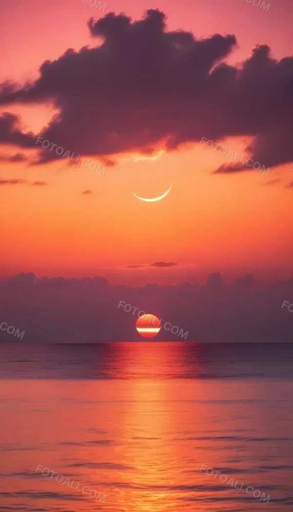 A Dramatic Sunset Over The Ocean With A Large Sun Partially Obscured By Clouds And A Smaller Sun Or Moon Reflection In The Water Below Featuring A Vibrant Orange Sky And Stormy Waves In The Foreground 6 A251