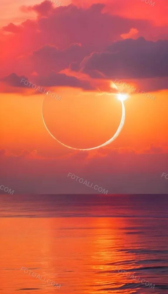 A Dramatic Sunset Over The Ocean With A Large Sun Partially Obscured By Clouds And A Smaller Sun Or Moon Reflection In The Water Below Featuring A Vibrant Orange Sky And Stormy Waves In The Foreground 8 0290