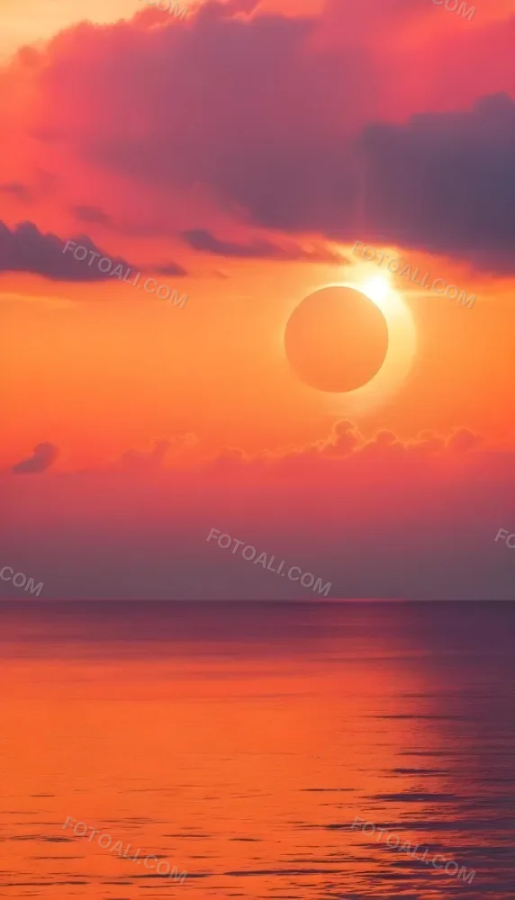 A Dramatic Sunset Over The Ocean With A Large Sun Partially Obscured By Clouds And A Smaller Sun Or Moon Reflection In The Water Below Featuring A Vibrant Orange Sky And Stormy Waves In The Foreground 9 9d24