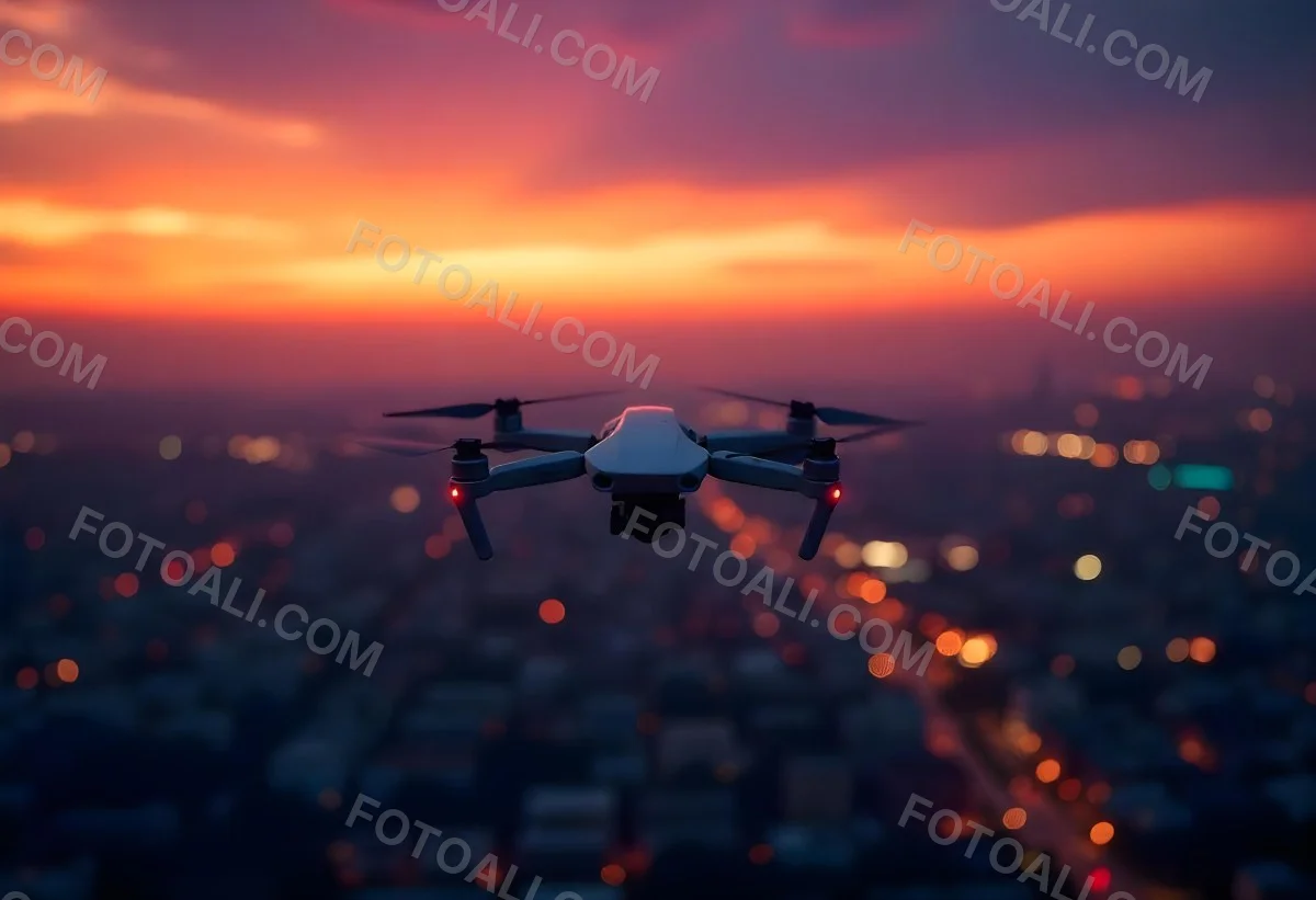 A Drone Flying Over A City At Night The City Is Illuminated With Lights The Sky Is A Mix Of Orange And Purple 1 8184