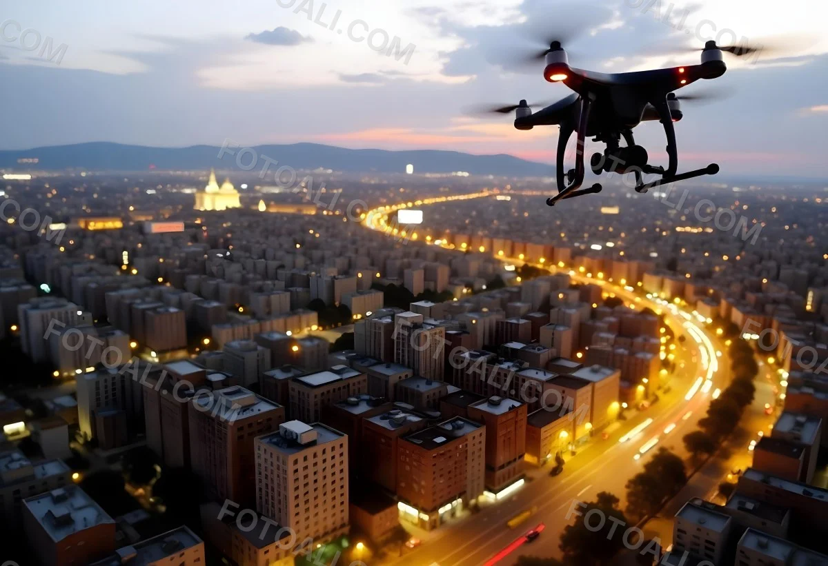 A Drone Flying Over A City At Night The City Is Illuminated With Lights The Sky Is A Mix Of Orange And Purple 12 C947