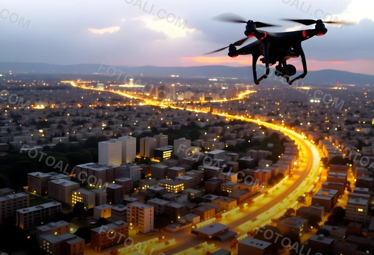 A Drone Flying Over A City At Night The City Is Illuminated With Lights The Sky Is A Mix Of Orange And Purple 15 5578