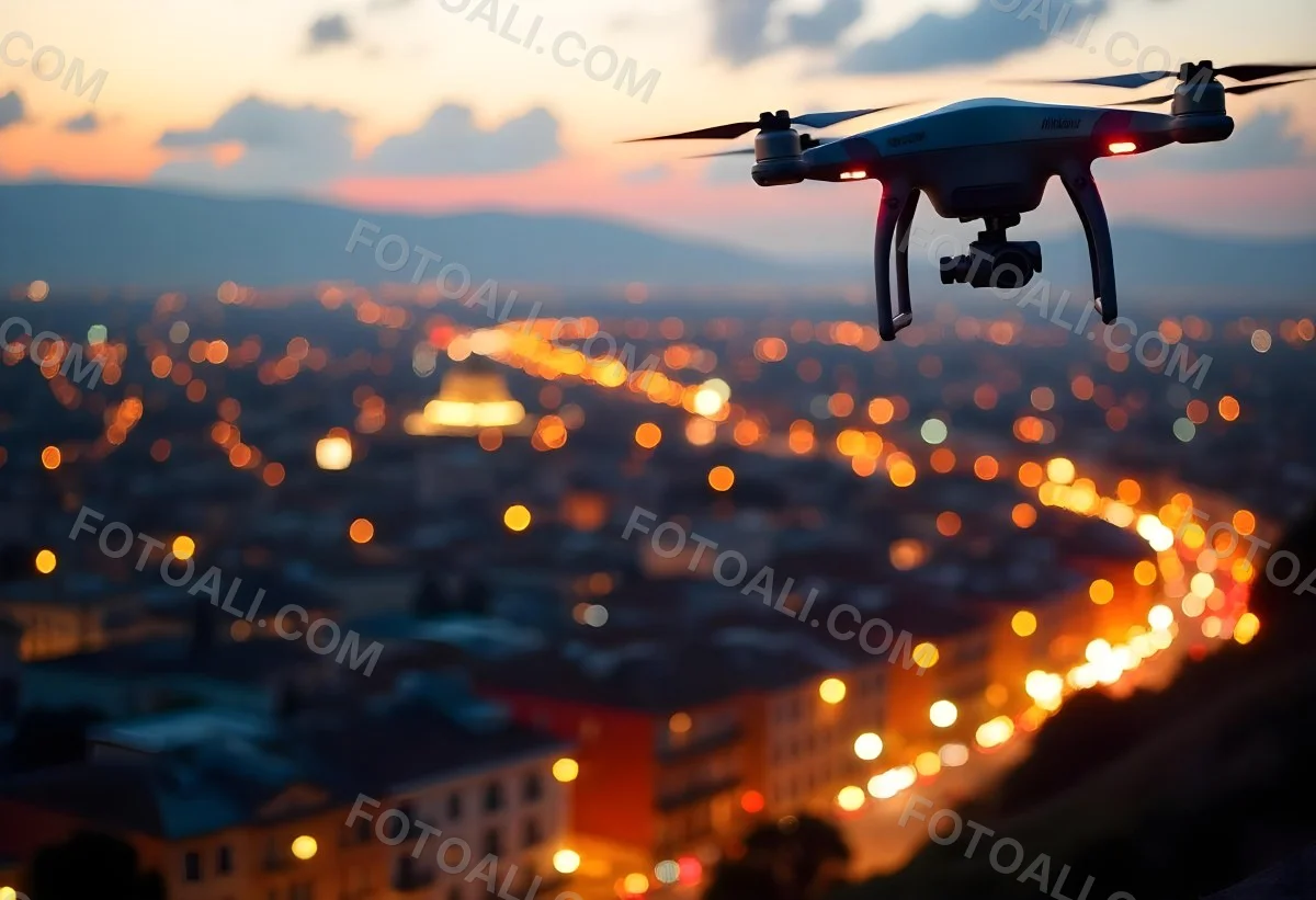 A Drone Flying Over A City At Night The City Is Illuminated With Lights The Sky Is A Mix Of Orange And Purple 16 0ed1