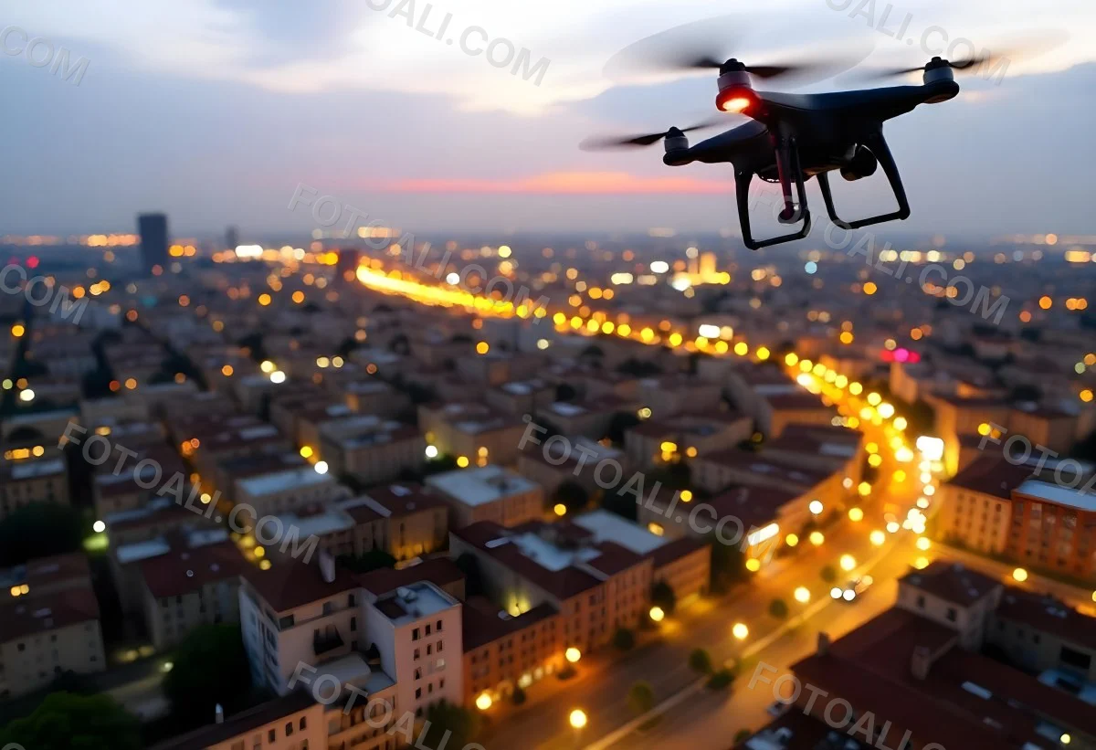A Drone Flying Over A City At Night The City Is Illuminated With Lights The Sky Is A Mix Of Orange And Purple 17 7f6d