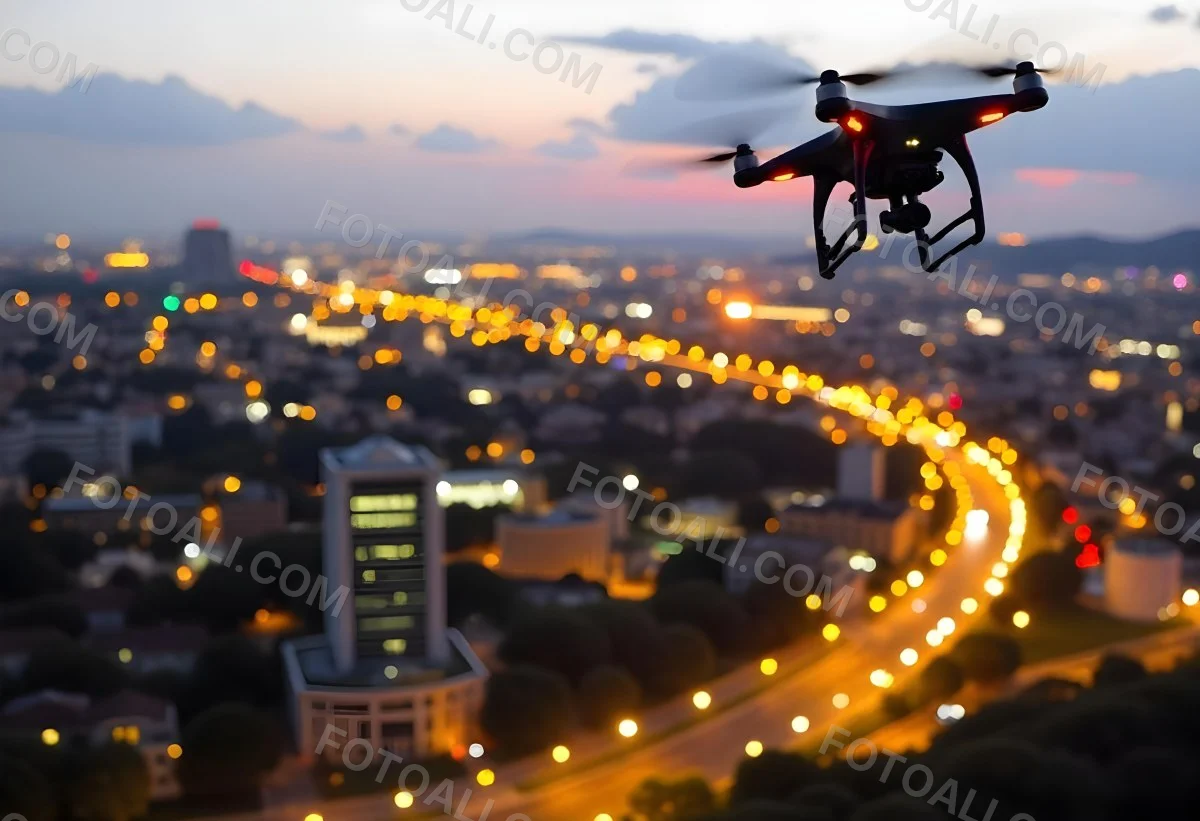 A Drone Flying Over A City At Night The City Is Illuminated With Lights The Sky Is A Mix Of Orange And Purple 18 B404