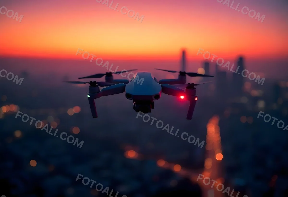 A Drone Flying Over A City At Night The City Is Illuminated With Lights The Sky Is A Mix Of Orange And Purple 2 62c1