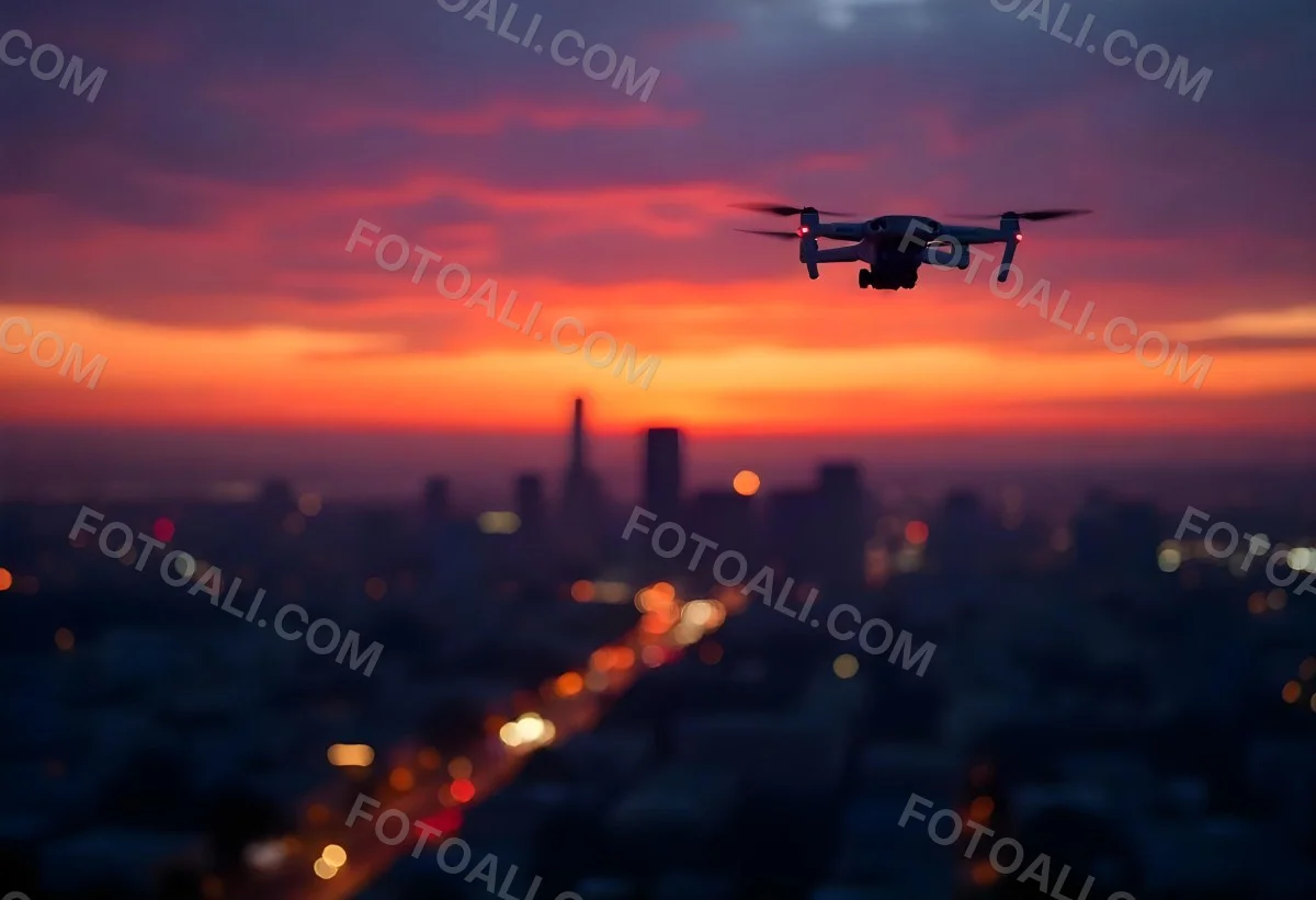 A Drone Flying Over A City At Night The City Is Illuminated With Lights The Sky Is A Mix Of Orange And Purple 3 A782