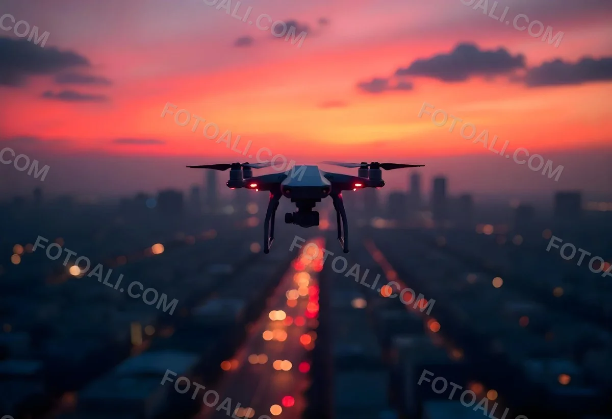 A Drone Flying Over A City At Night The City Is Illuminated With Lights The Sky Is A Mix Of Orange And Purple 4 7590