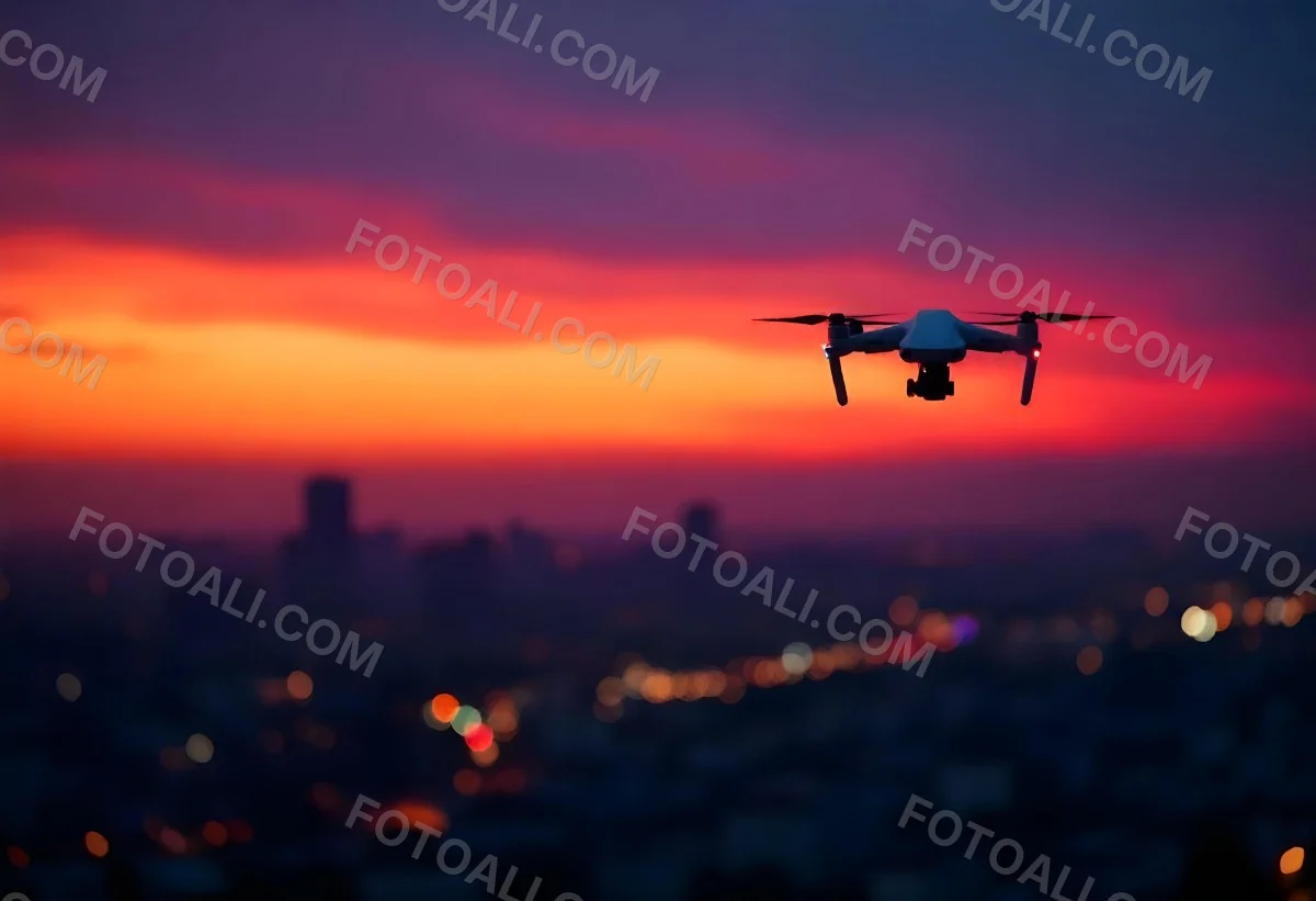 A Drone Flying Over A City At Night The City Is Illuminated With Lights The Sky Is A Mix Of Orange And Purple 6 1d7d