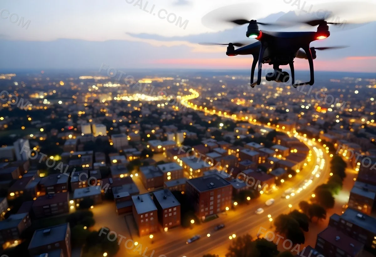 A Drone Flying Over A City At Night The City Is Illuminated With Lights The Sky Is A Mix Of Orange And Purple 7 8931