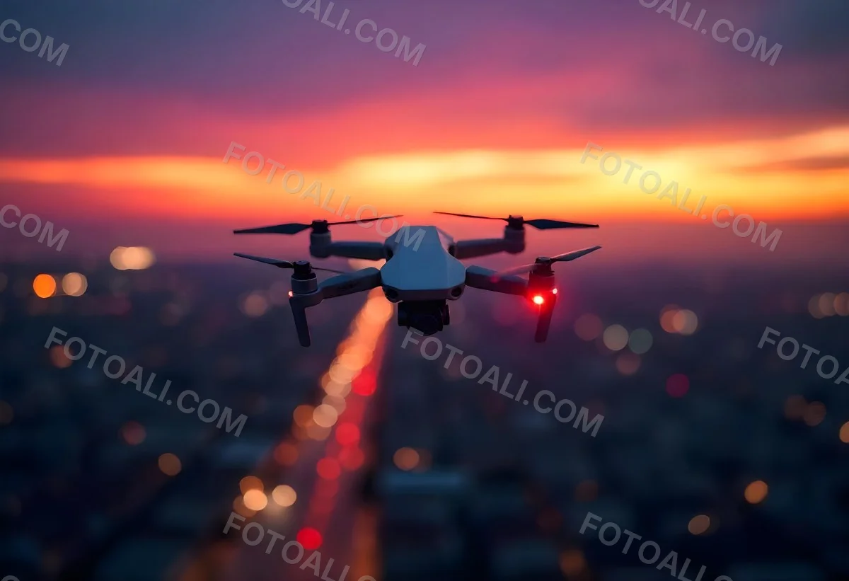 A Drone Flying Over A City At Night The City Is Illuminated With Lights The Sky Is A Mix Of Orange And Purple 8 0935