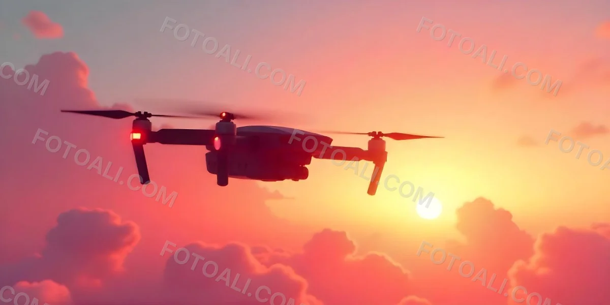 A Drone Silhouette Flying In The Air Pink And Yellow Sky With Clouds Sunset Aerial Photography Technology And Nature Modern Transportation 1 E84f