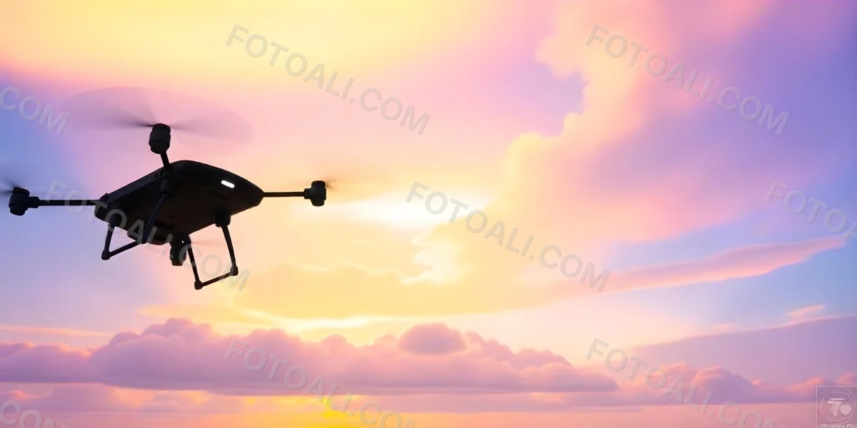 A Drone Silhouette Flying In The Air Pink And Yellow Sky With Clouds Sunset Aerial Photography Technology And Nature Modern Transportation 12 9462