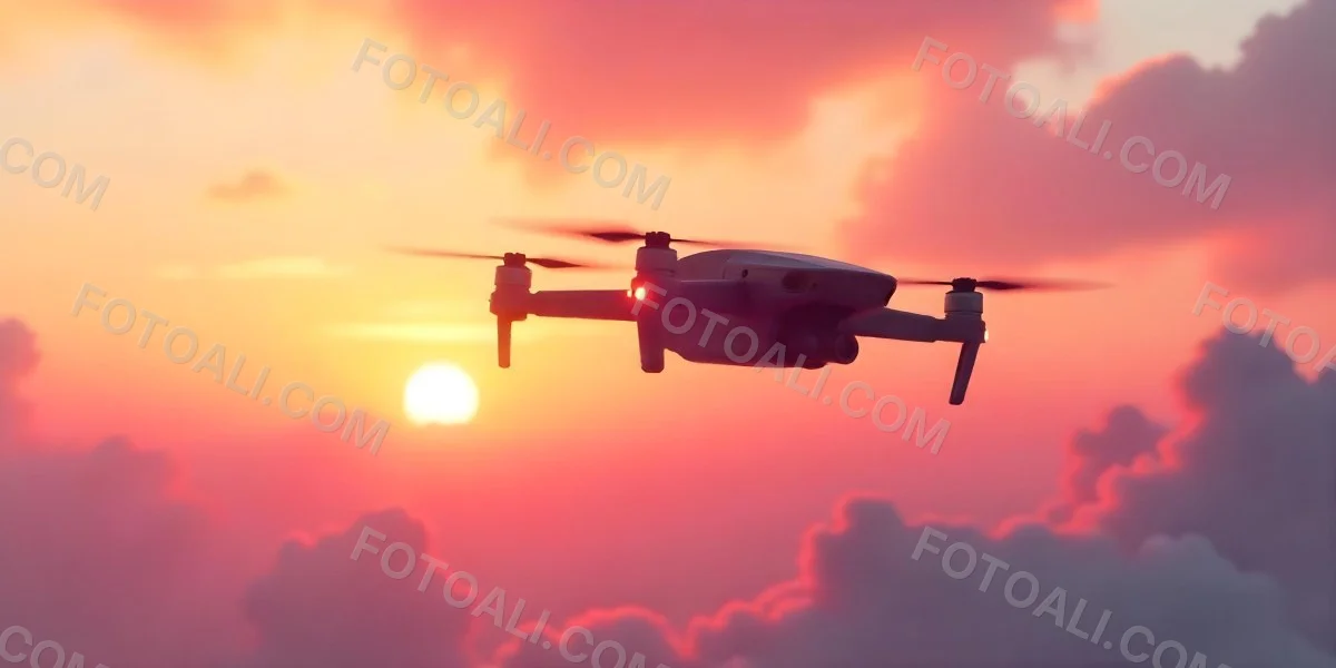A Drone Silhouette Flying In The Air Pink And Yellow Sky With Clouds Sunset Aerial Photography Technology And Nature Modern Transportation 13 41dc