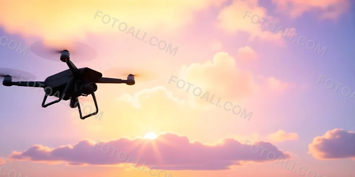 A Drone Silhouette Flying In The Air Pink And Yellow Sky With Clouds Sunset Aerial Photography Technology And Nature Modern Transportation 16 59a9