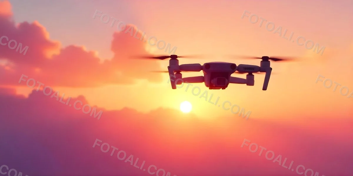 A Drone Silhouette Flying In The Air Pink And Yellow Sky With Clouds Sunset Aerial Photography Technology And Nature Modern Transportation 17 3092