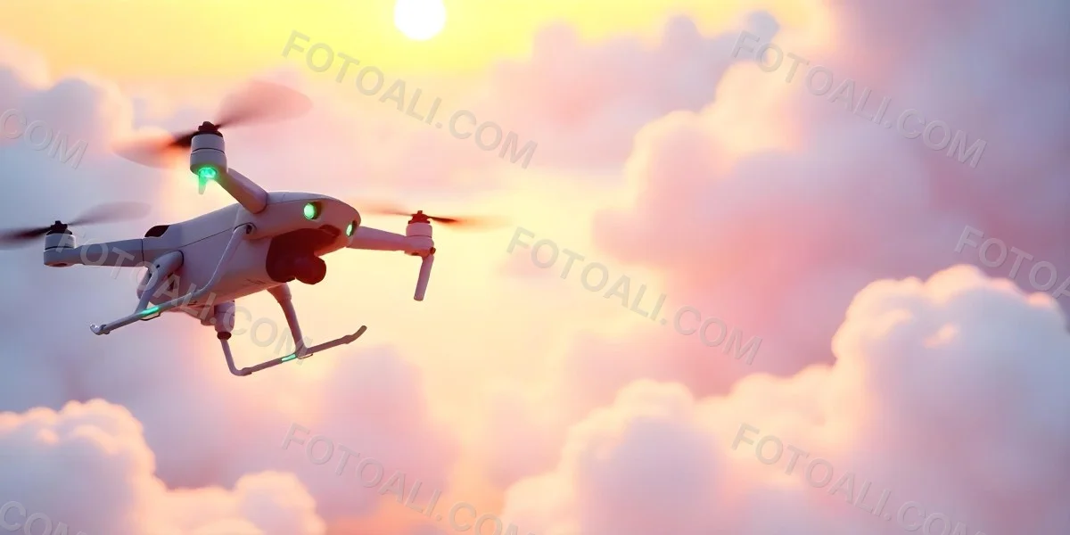 A Drone Silhouette Flying In The Air Pink And Yellow Sky With Clouds Sunset Aerial Photography Technology And Nature Modern Transportation 18 358e