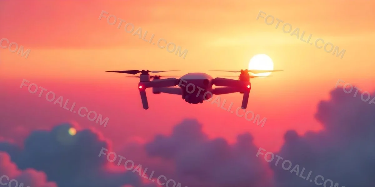 A Drone Silhouette Flying In The Air Pink And Yellow Sky With Clouds Sunset Aerial Photography Technology And Nature Modern Transportation 19 85b7