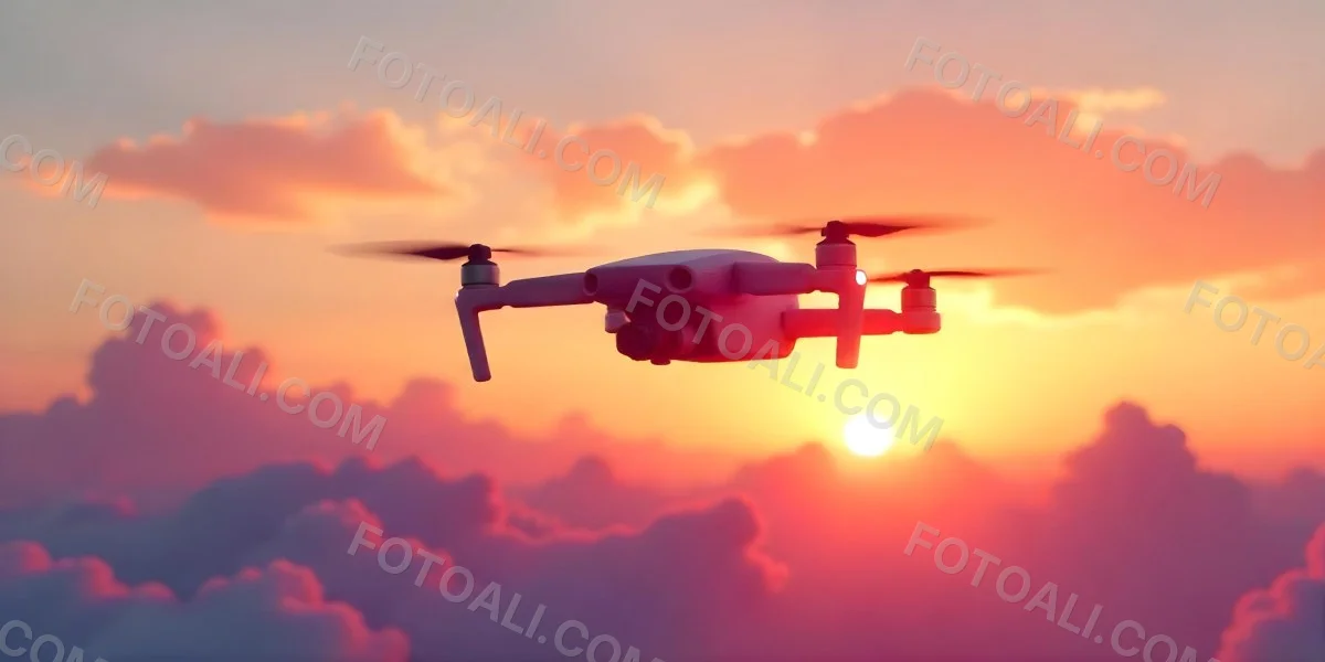 A Drone Silhouette Flying In The Air Pink And Yellow Sky With Clouds Sunset Aerial Photography Technology And Nature Modern Transportation 20 0bec