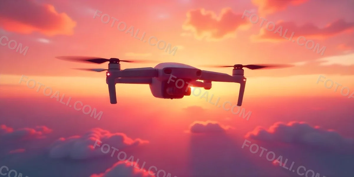 A Drone Silhouette Flying In The Air Pink And Yellow Sky With Clouds Sunset Aerial Photography Technology And Nature Modern Transportation 21 96bc