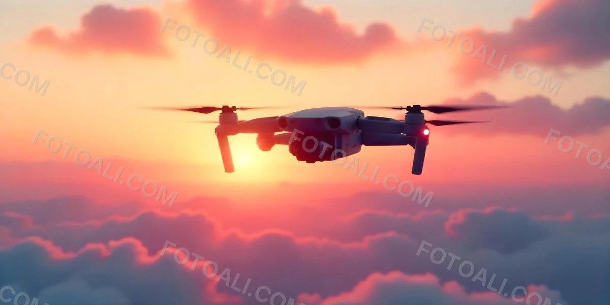 A Drone Silhouette Flying In The Air Pink And Yellow Sky With Clouds Sunset Aerial Photography Technology And Nature Modern Transportation 24 3885