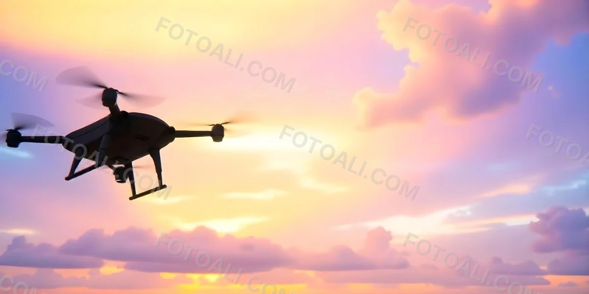 A Drone Silhouette Flying In The Air Pink And Yellow Sky With Clouds Sunset Aerial Photography Technology And Nature Modern Transportation 4 9868