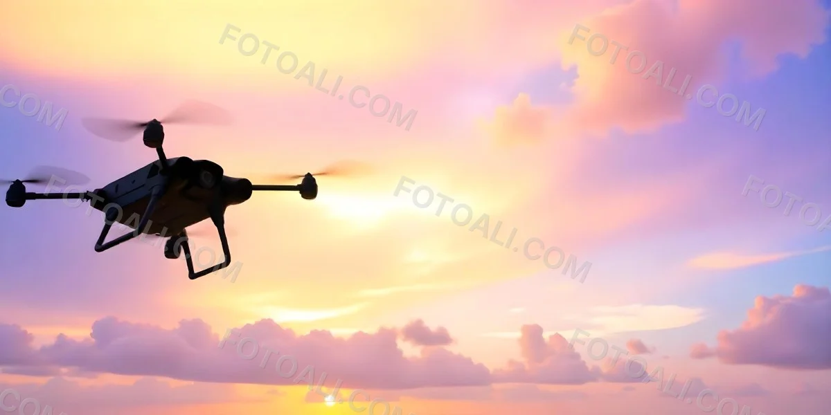 A Drone Silhouette Flying In The Air Pink And Yellow Sky With Clouds Sunset Aerial Photography Technology And Nature Modern Transportation 6 99e0