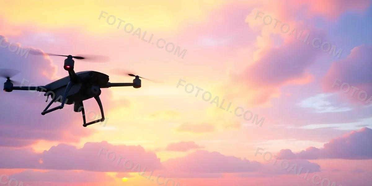 A Drone Silhouette Flying In The Air Pink And Yellow Sky With Clouds Sunset Aerial Photography Technology And Nature Modern Transportation 8 D027