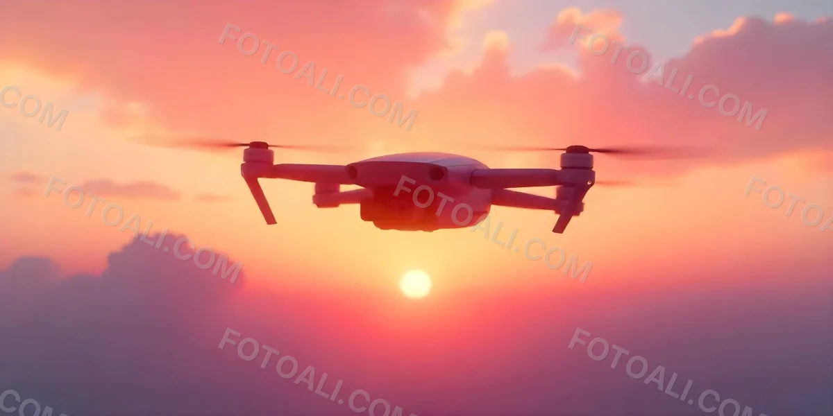 A Drone Silhouette Flying In The Air Pink And Yellow Sky With Clouds Sunset Aerial Photography Technology And Nature Modern Transportation 9 3b8f