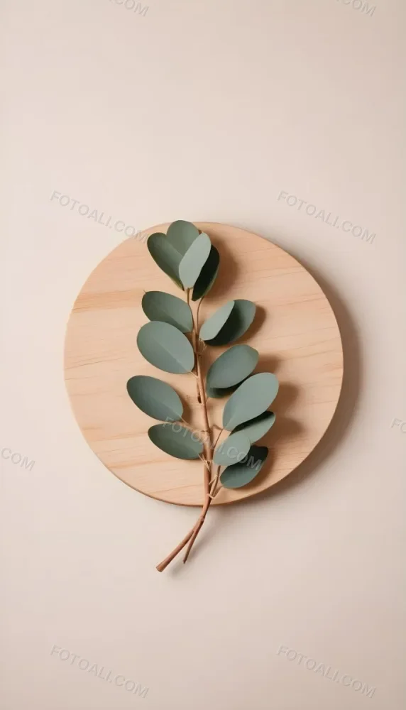 A Eucalyptus Branch On A Wooden Coaster Minimalist Style Light Beige Background Natural Lighting Clean And Simple Composition Natural Elements Neutral Color Palette 1 52a4