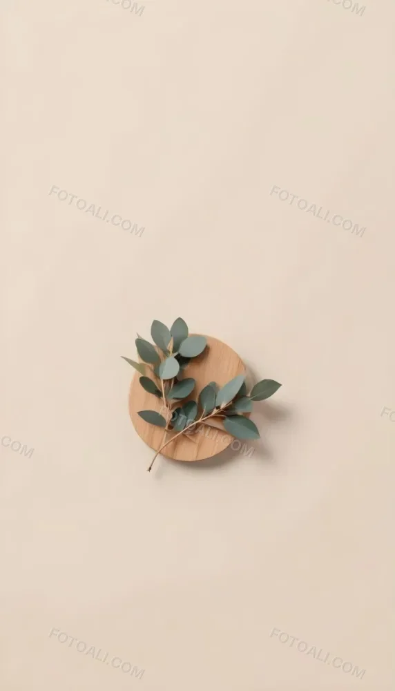 A Eucalyptus Branch On A Wooden Coaster Minimalist Style Light Beige Background Natural Lighting Clean And Simple Composition Natural Elements Neutral Color Palette 11 Cb8c