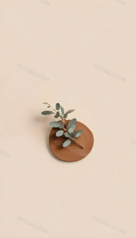 A Eucalyptus Branch On A Wooden Coaster Minimalist Style Light Beige Background Natural Lighting Clean And Simple Composition Natural Elements Neutral Color Palette 13 174f